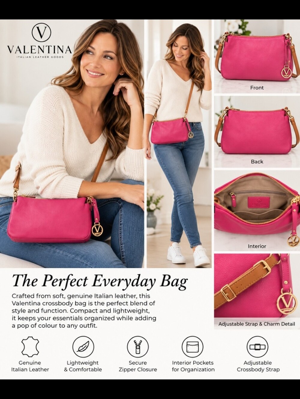 Valentina Italian Leather Pink Crossbody Bag Tan Strap Gold Hardware